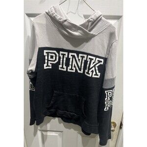 Victorias Secret Pink Hoodie Womens Large Black White Pullover Fleece Y2K
